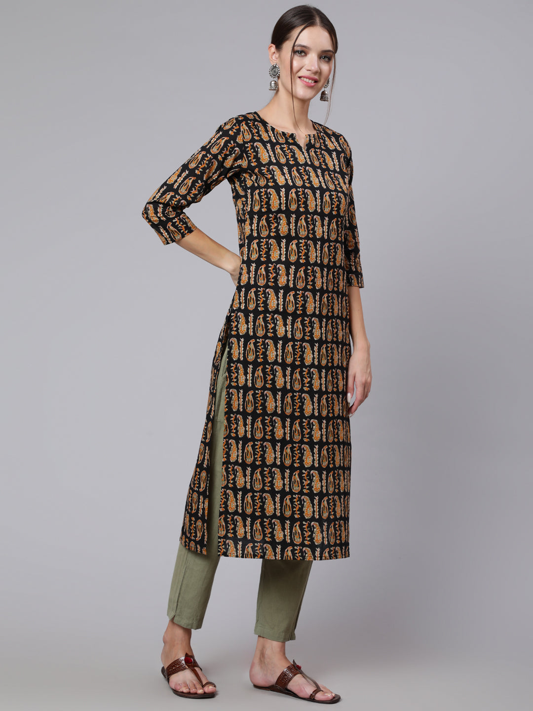 Women Black Printed Straight Kurta With Three Quarter Sleeves | LASVINI - Redefining Indian Fashion with Elegance