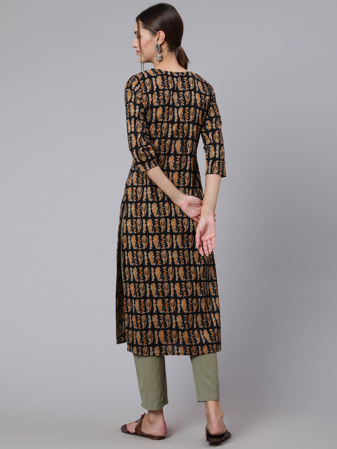 Women Black Printed Straight Kurta With Three Quarter Sleeves | LASVINI - Redefining Indian Fashion with Elegance