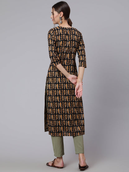 Women Black Printed Straight Kurta With Three Quarter Sleeves | LASVINI - Redefining Indian Fashion with Elegance