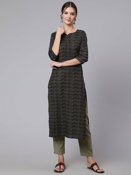 Women Black Geomatric Printed Straight Kurta With Three Quarter Sleeves | LASVINI - Redefining Indian Fashion with Elegance