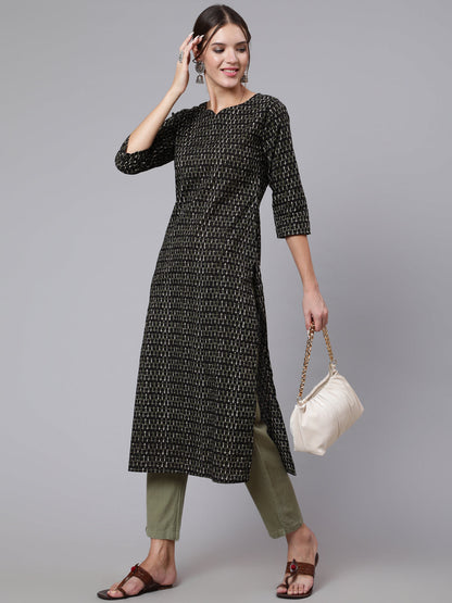 Women Black Geomatric Printed Straight Kurta With Three Quarter Sleeves | LASVINI - Redefining Indian Fashion with Elegance