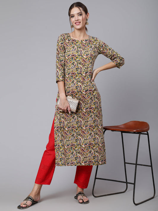 Women Green Ethnic Printed Straight Kurta With Three Quarter Sleeves | LASVINI - Redefining Indian Fashion with Elegance