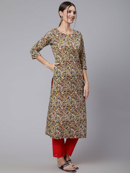 Women Green Ethnic Printed Straight Kurta With Three Quarter Sleeves | LASVINI - Redefining Indian Fashion with Elegance