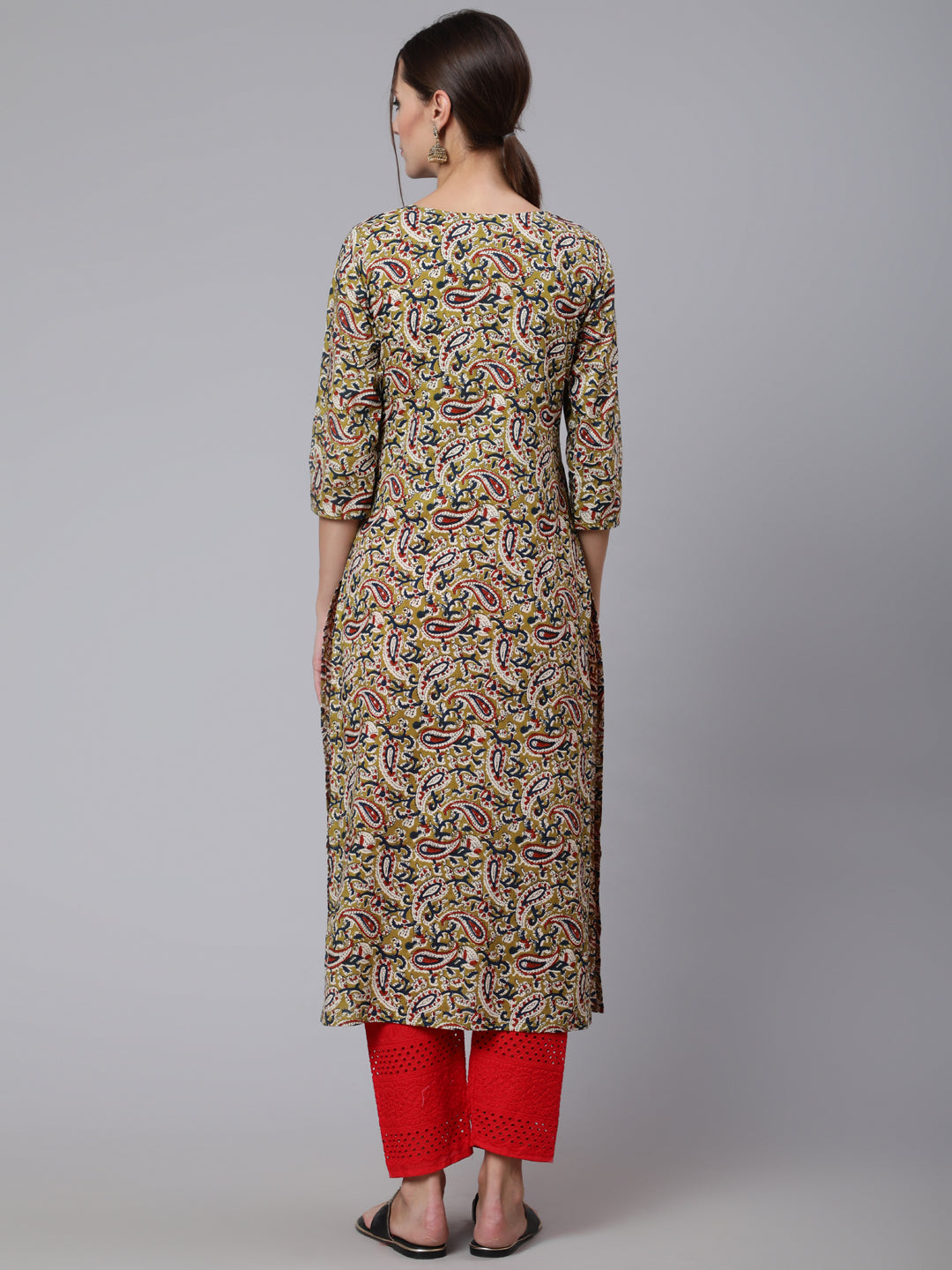 Women Green Ethnic Printed Straight Kurta With Three Quarter Sleeves | LASVINI - Redefining Indian Fashion with Elegance