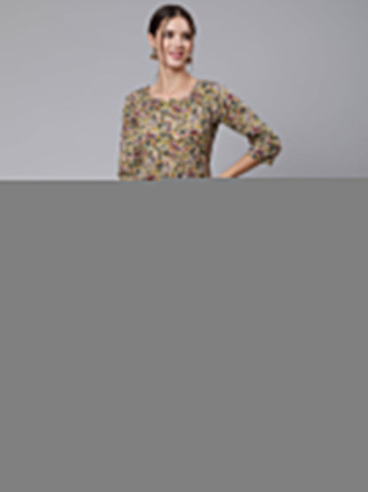 Women Green Ethnic Printed Straight Kurta With Three Quarter Sleeves | LASVINI - Redefining Indian Fashion with Elegance