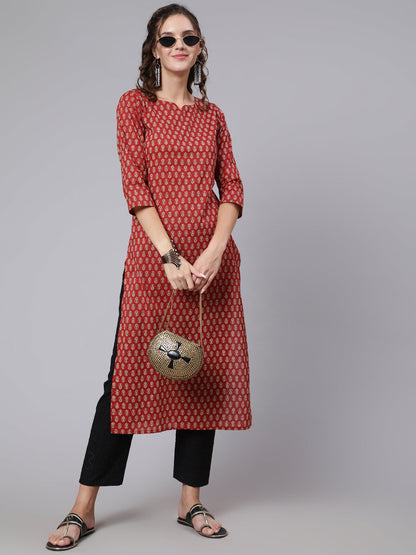 Women Maroon Ethnic Printed Straight Kurta With Three Quarter Sleeves | LASVINI - Redefining Indian Fashion with Elegance