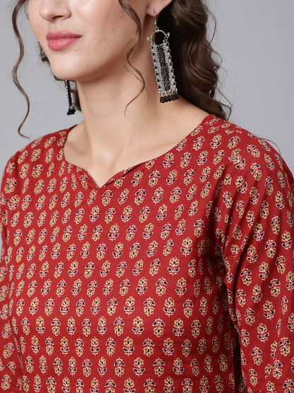 Women Maroon Ethnic Printed Straight Kurta With Three Quarter Sleeves | LASVINI - Redefining Indian Fashion with Elegance