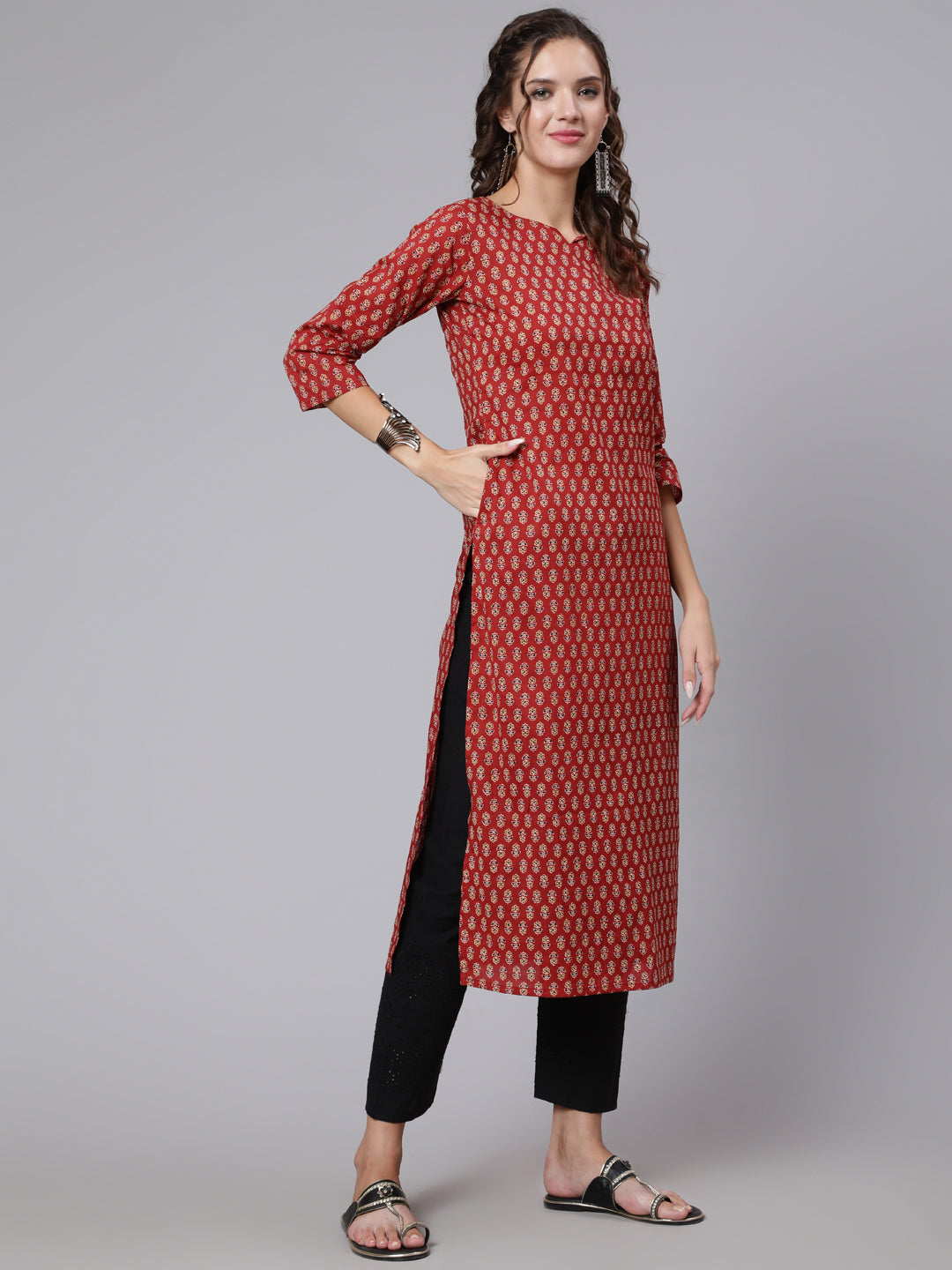 Women Maroon Ethnic Printed Straight Kurta With Three Quarter Sleeves | LASVINI - Redefining Indian Fashion with Elegance
