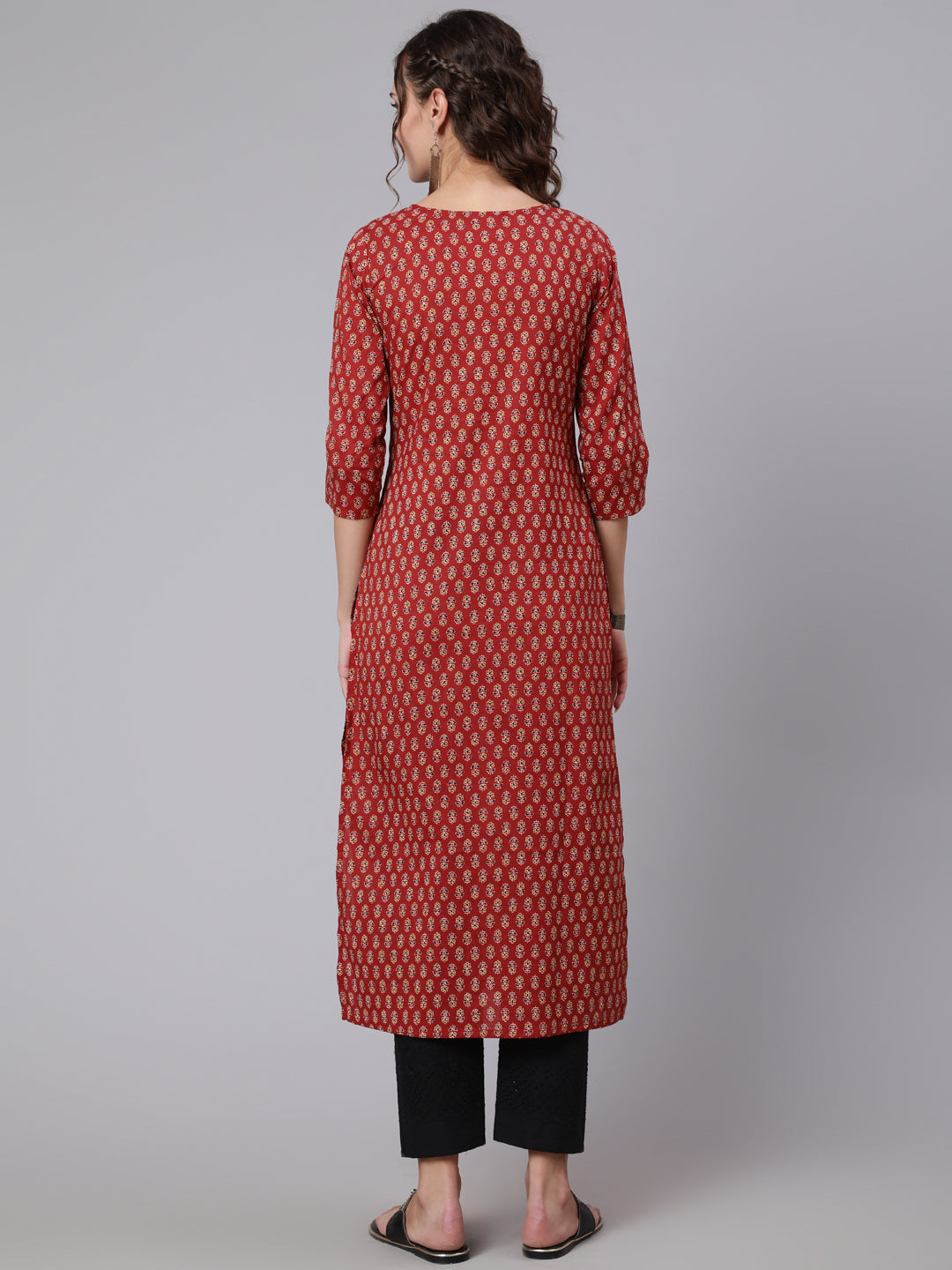 Women Maroon Ethnic Printed Straight Kurta With Three Quarter Sleeves | LASVINI - Redefining Indian Fashion with Elegance