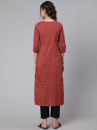 Women Maroon Ethnic Printed Straight Kurta With Three Quarter Sleeves | LASVINI - Redefining Indian Fashion with Elegance