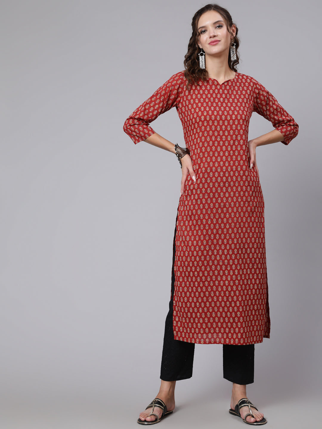 Women Maroon Ethnic Printed Straight Kurta With Three Quarter Sleeves | LASVINI - Redefining Indian Fashion with Elegance