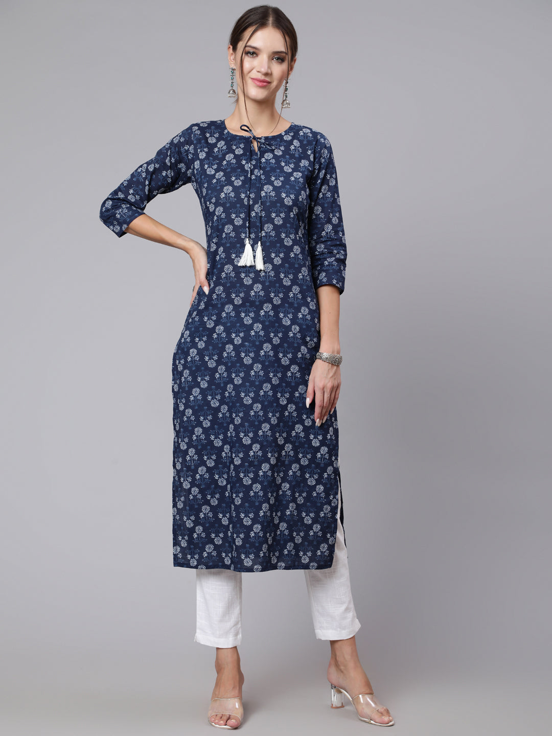 Women Blue Printed Straight Kurta With Three Quarter Sleeves | LASVINI - Redefining Indian Fashion with Elegance