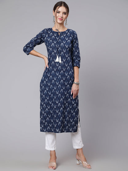 Women Blue Printed Straight Kurta With Three Quarter Sleeves | LASVINI - Redefining Indian Fashion with Elegance