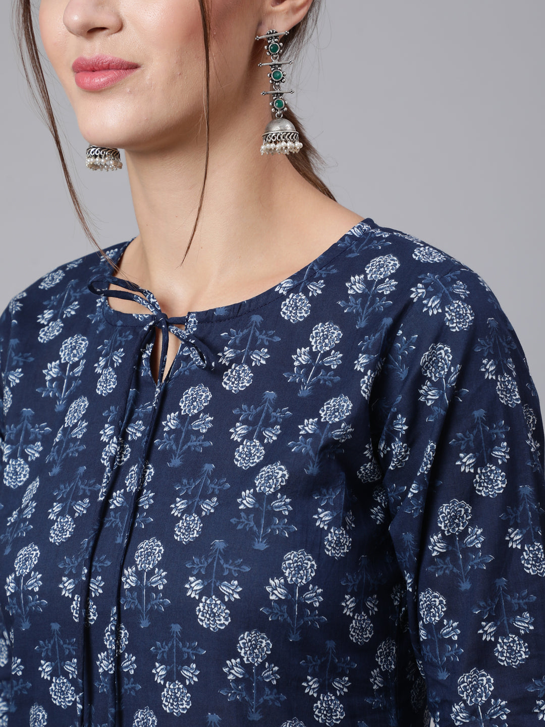 Women Blue Printed Straight Kurta With Three Quarter Sleeves | LASVINI - Redefining Indian Fashion with Elegance