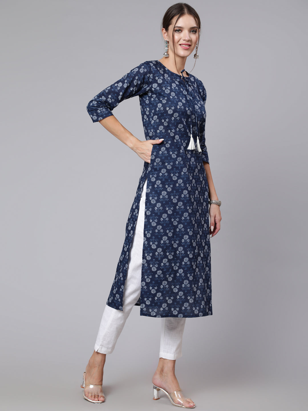 Women Blue Printed Straight Kurta With Three Quarter Sleeves | LASVINI - Redefining Indian Fashion with Elegance
