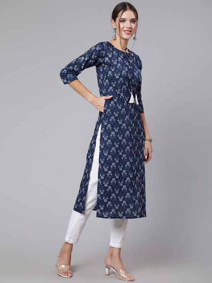 Women Blue Printed Straight Kurta With Three Quarter Sleeves | LASVINI - Redefining Indian Fashion with Elegance