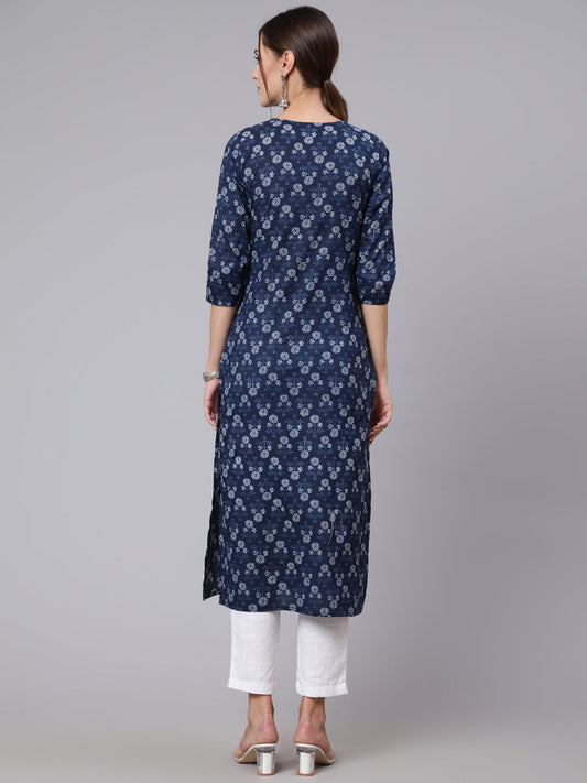 Women Blue Printed Straight Kurta With Three Quarter Sleeves | LASVINI - Redefining Indian Fashion with Elegance