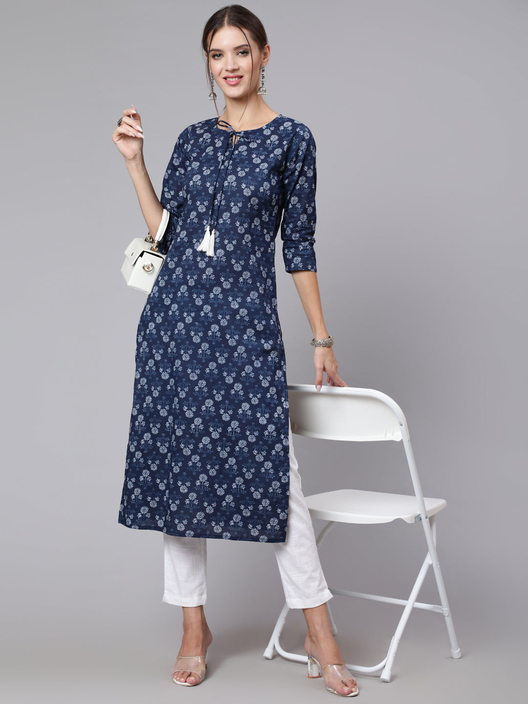Women Blue Printed Straight Kurta With Three Quarter Sleeves | LASVINI - Redefining Indian Fashion with Elegance