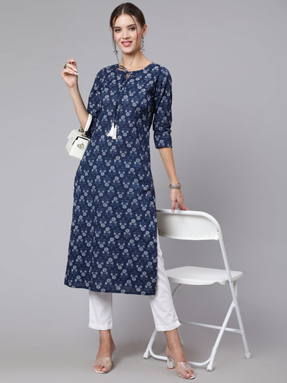 Women Blue Printed Straight Kurta With Three Quarter Sleeves | LASVINI - Redefining Indian Fashion with Elegance