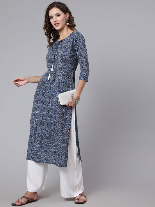 Women Blue Printed Straight Kurta With Three Quarter Sleeves | LASVINI - Redefining Indian Fashion with Elegance