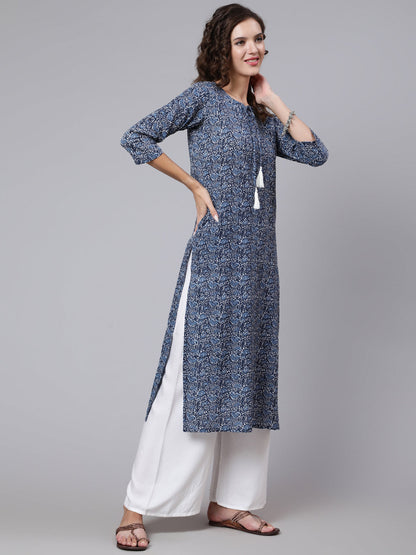 Women Blue Printed Straight Kurta With Three Quarter Sleeves | LASVINI - Redefining Indian Fashion with Elegance