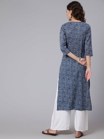 Women Blue Printed Straight Kurta With Three Quarter Sleeves | LASVINI - Redefining Indian Fashion with Elegance