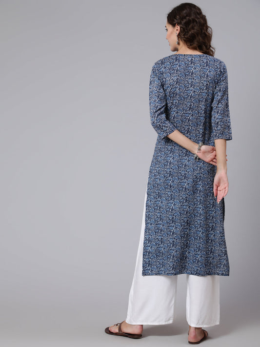 Women Blue Printed Straight Kurta With Three Quarter Sleeves | LASVINI - Redefining Indian Fashion with Elegance