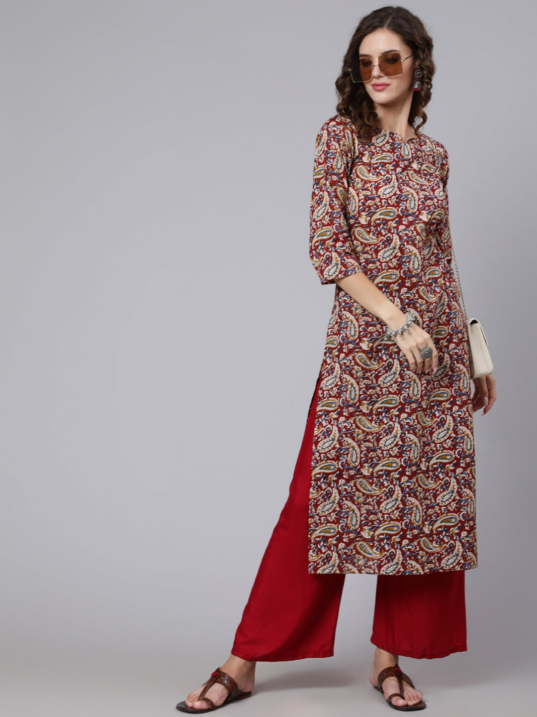 Women Maroon Printed Straight Kurta With Three Quarter Sleeves | LASVINI - Redefining Indian Fashion with Elegance