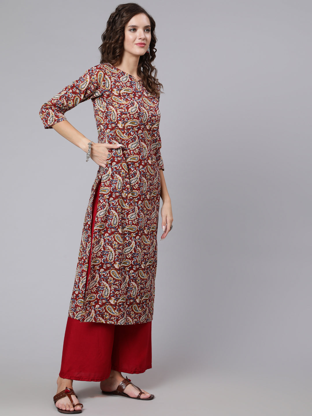 Women Maroon Printed Straight Kurta With Three Quarter Sleeves | LASVINI - Redefining Indian Fashion with Elegance