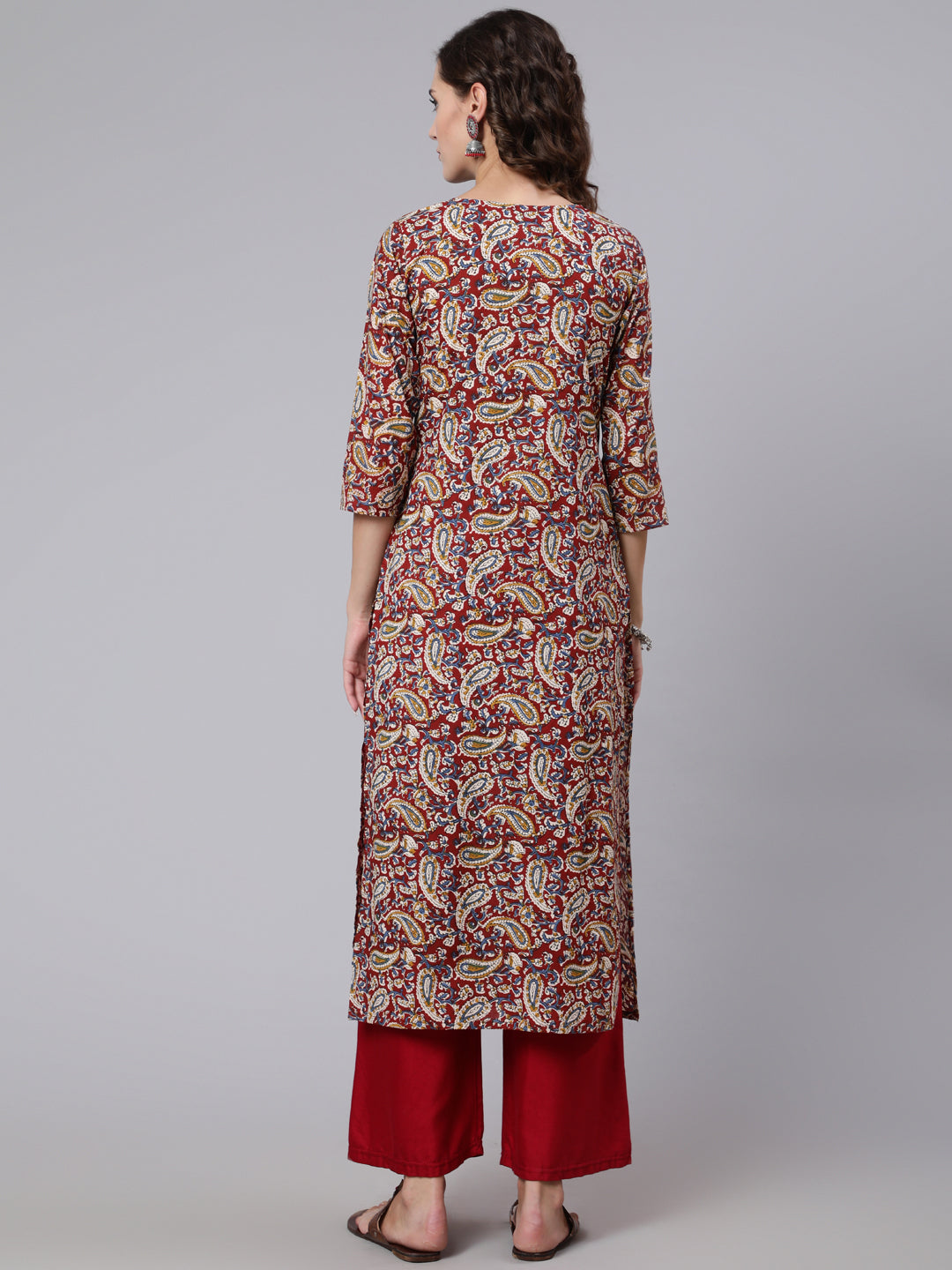 Women Maroon Printed Straight Kurta With Three Quarter Sleeves | LASVINI - Redefining Indian Fashion with Elegance