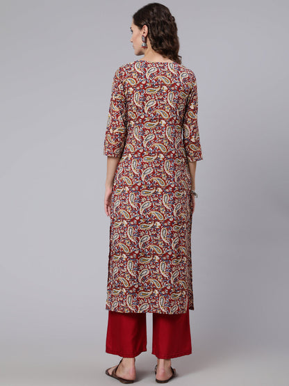 Women Maroon Printed Straight Kurta With Three Quarter Sleeves | LASVINI - Redefining Indian Fashion with Elegance