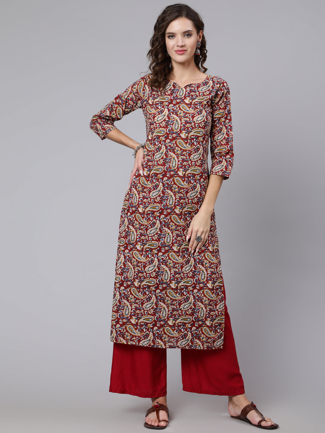 Women Maroon Printed Straight Kurta With Three Quarter Sleeves | LASVINI - Redefining Indian Fashion with Elegance