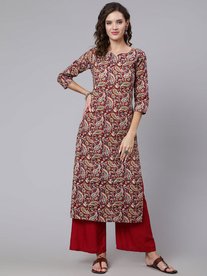 Women Maroon Printed Straight Kurta With Three Quarter Sleeves | LASVINI - Redefining Indian Fashion with Elegance