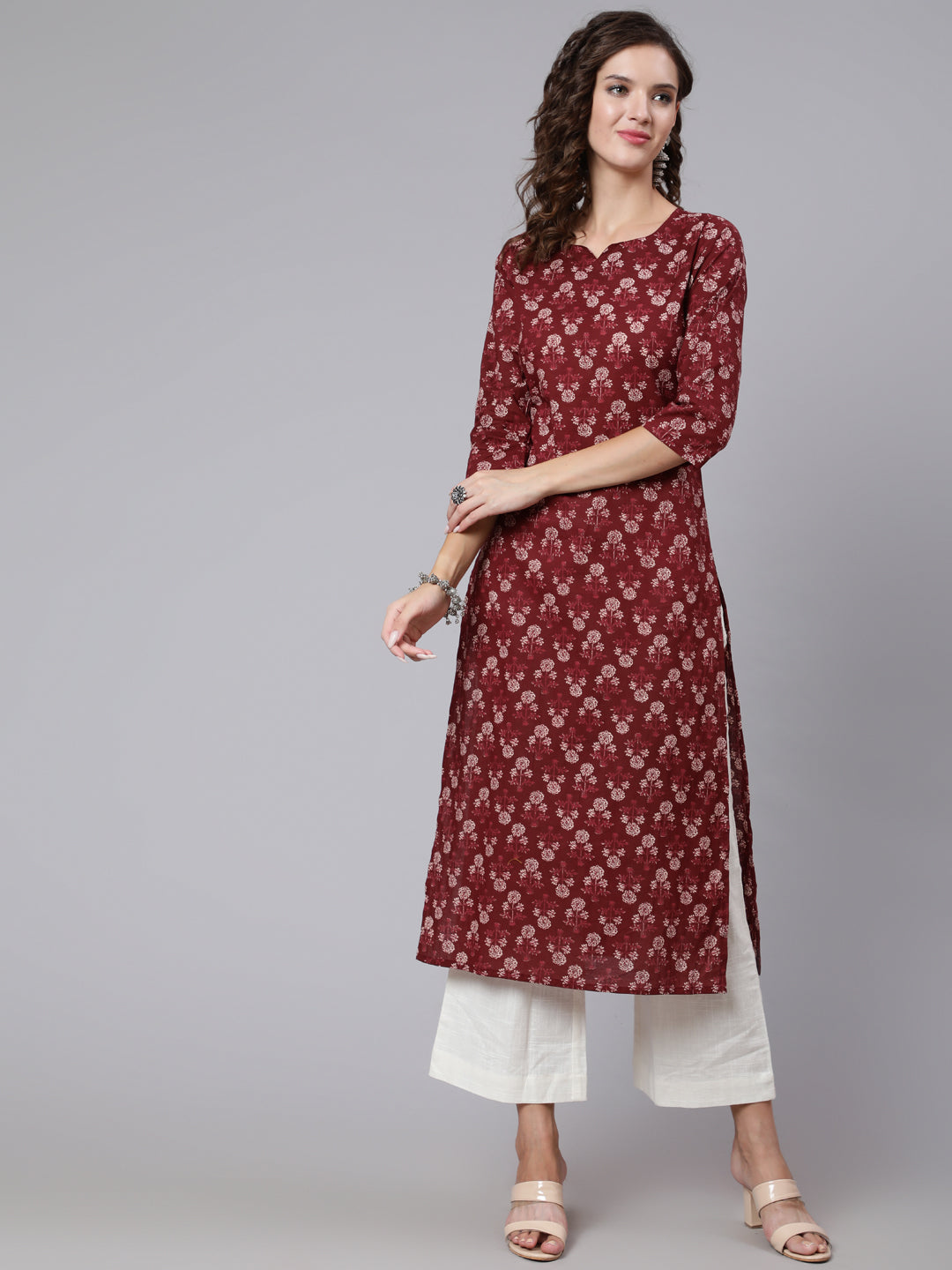 Women Burgundy Ethnic Printed Straight Kurta With Three Quarter Sleeves | LASVINI - Redefining Indian Fashion with Elegance