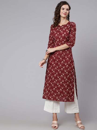 Women Burgundy Ethnic Printed Straight Kurta With Three Quarter Sleeves | LASVINI - Redefining Indian Fashion with Elegance