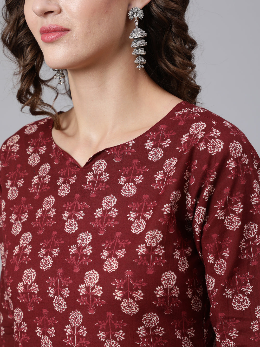 Women Burgundy Ethnic Printed Straight Kurta With Three Quarter Sleeves | LASVINI - Redefining Indian Fashion with Elegance