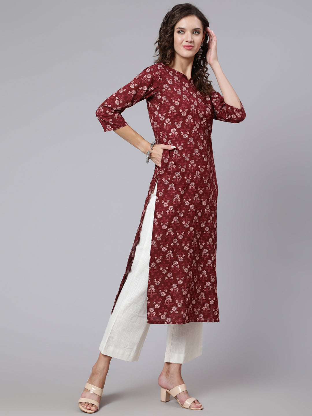 Women Burgundy Ethnic Printed Straight Kurta With Three Quarter Sleeves | LASVINI - Redefining Indian Fashion with Elegance