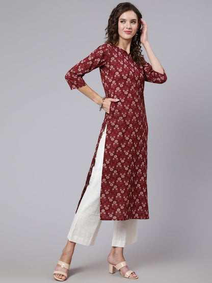 Women Burgundy Ethnic Printed Straight Kurta With Three Quarter Sleeves | LASVINI - Redefining Indian Fashion with Elegance