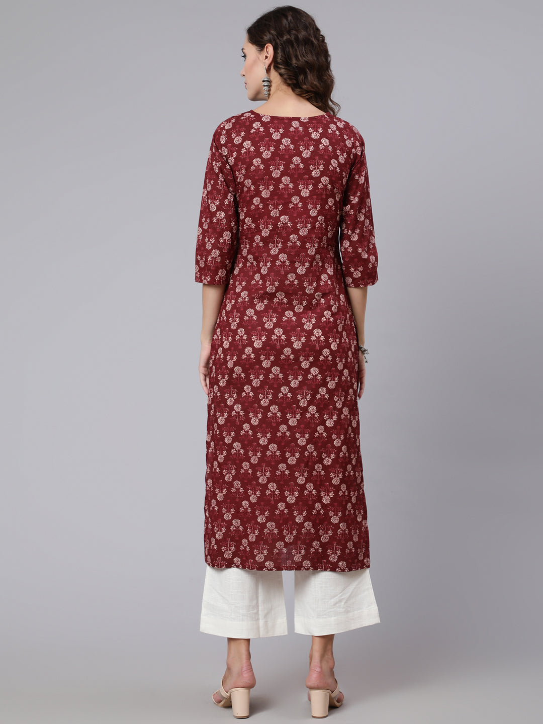 Women Burgundy Ethnic Printed Straight Kurta With Three Quarter Sleeves | LASVINI - Redefining Indian Fashion with Elegance
