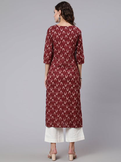 Women Burgundy Ethnic Printed Straight Kurta With Three Quarter Sleeves | LASVINI - Redefining Indian Fashion with Elegance