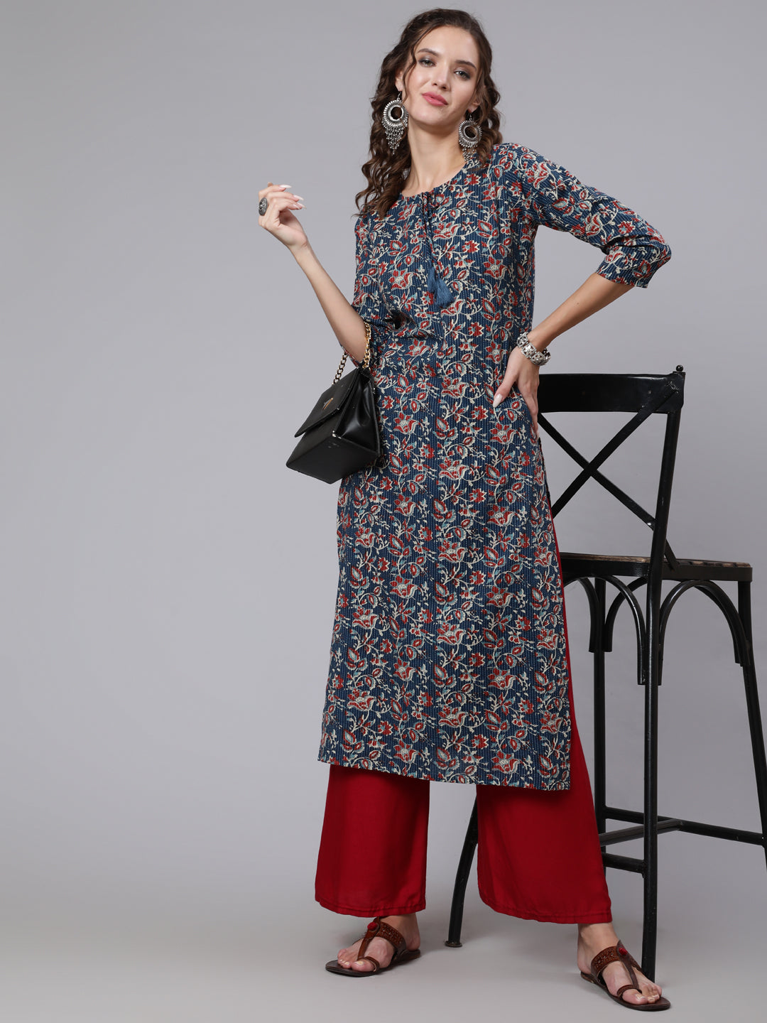 Women Blue Printed Straight Kurta With Three Quarter Sleeves | LASVINI - Redefining Indian Fashion with Elegance