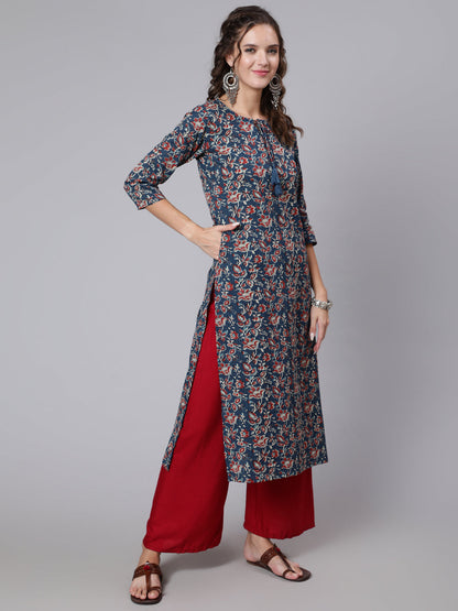 Women Blue Printed Straight Kurta With Three Quarter Sleeves | LASVINI - Redefining Indian Fashion with Elegance