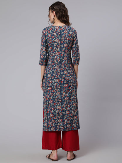 Women Blue Printed Straight Kurta With Three Quarter Sleeves | LASVINI - Redefining Indian Fashion with Elegance