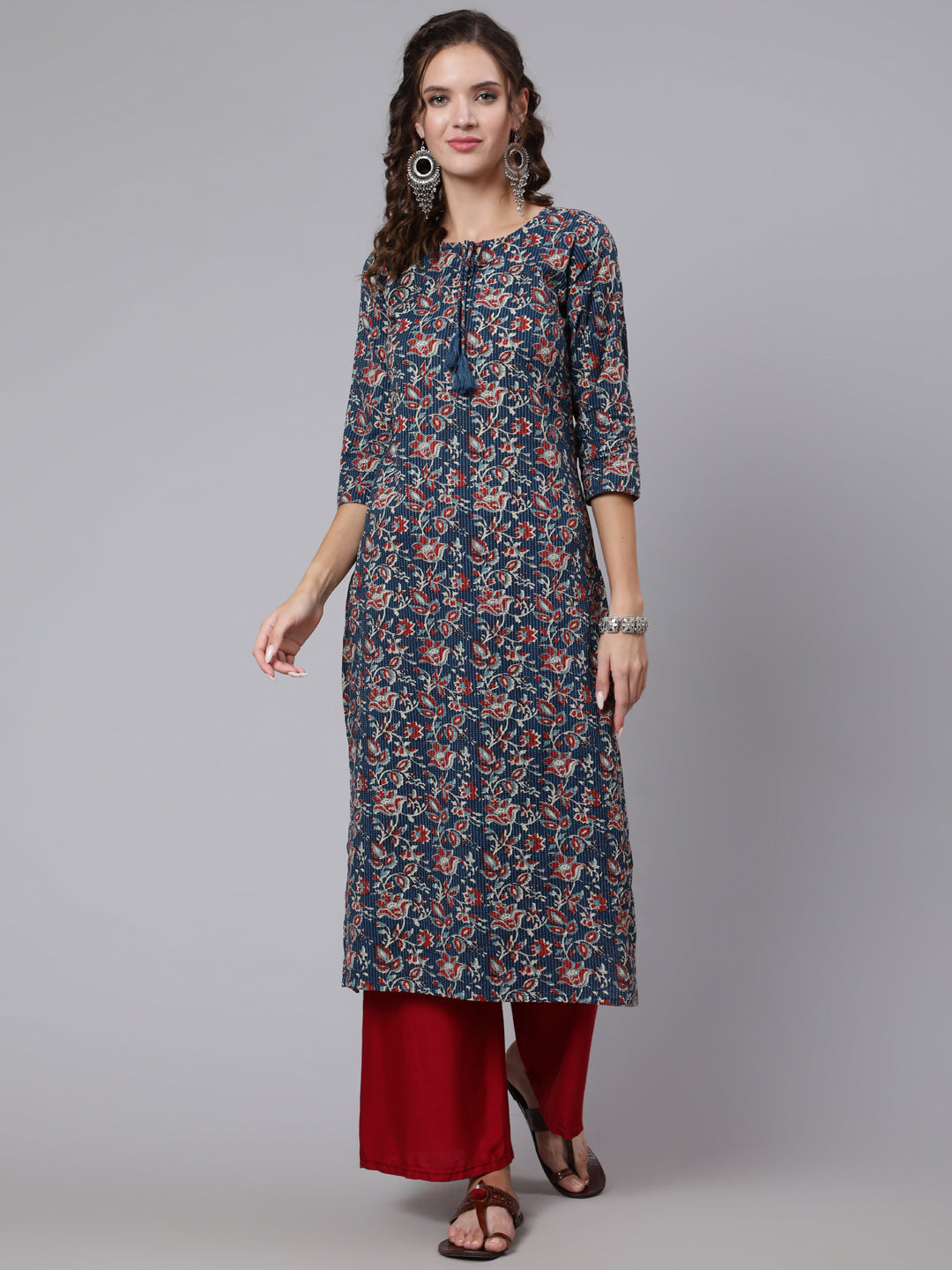 Women Blue Printed Straight Kurta With Three Quarter Sleeves | LASVINI - Redefining Indian Fashion with Elegance