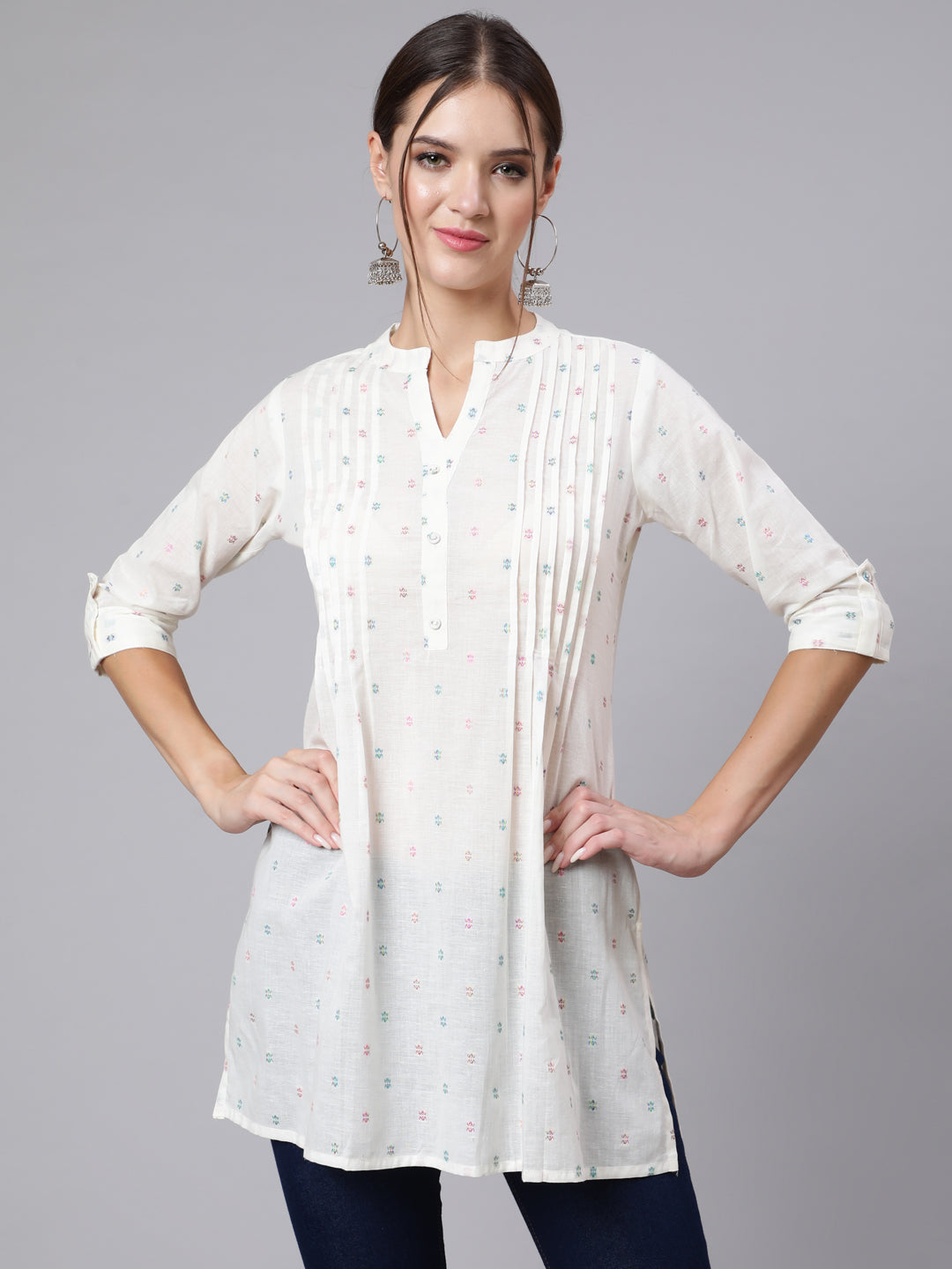 Women Off-White Straight Tunic With Three Quaretr Sleeves | LASVINI - Redefining Indian Fashion with Elegance
