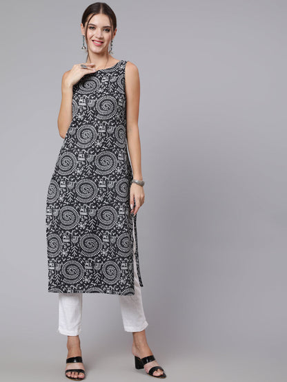 Women Black Kantha Printe Straight Sleeveless Kurta | LASVINI - Redefining Indian Fashion with Elegance