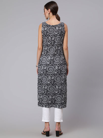 Women Black Kantha Printe Straight Sleeveless Kurta | LASVINI - Redefining Indian Fashion with Elegance