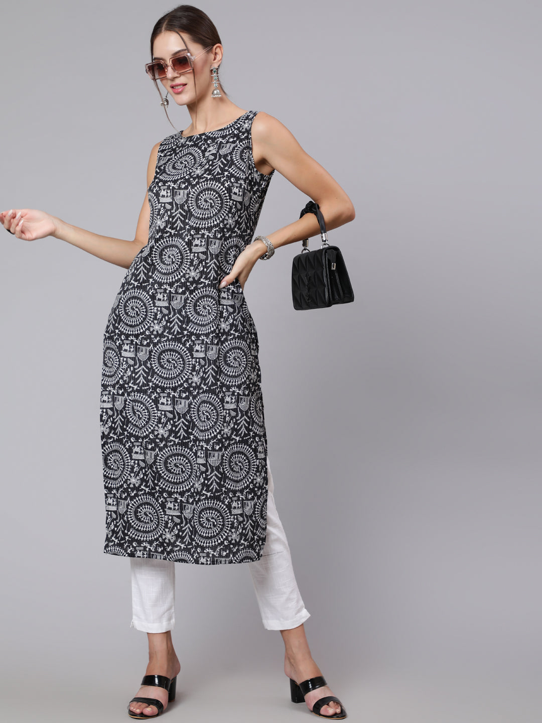 Women Black Kantha Printe Straight Sleeveless Kurta | LASVINI - Redefining Indian Fashion with Elegance