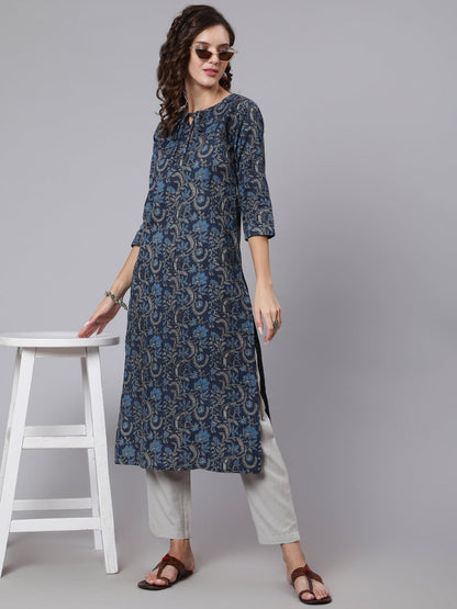 Women Navy Blue Printed Straight Kurta With Three Quarter Sleeves | LASVINI - Redefining Indian Fashion with Elegance