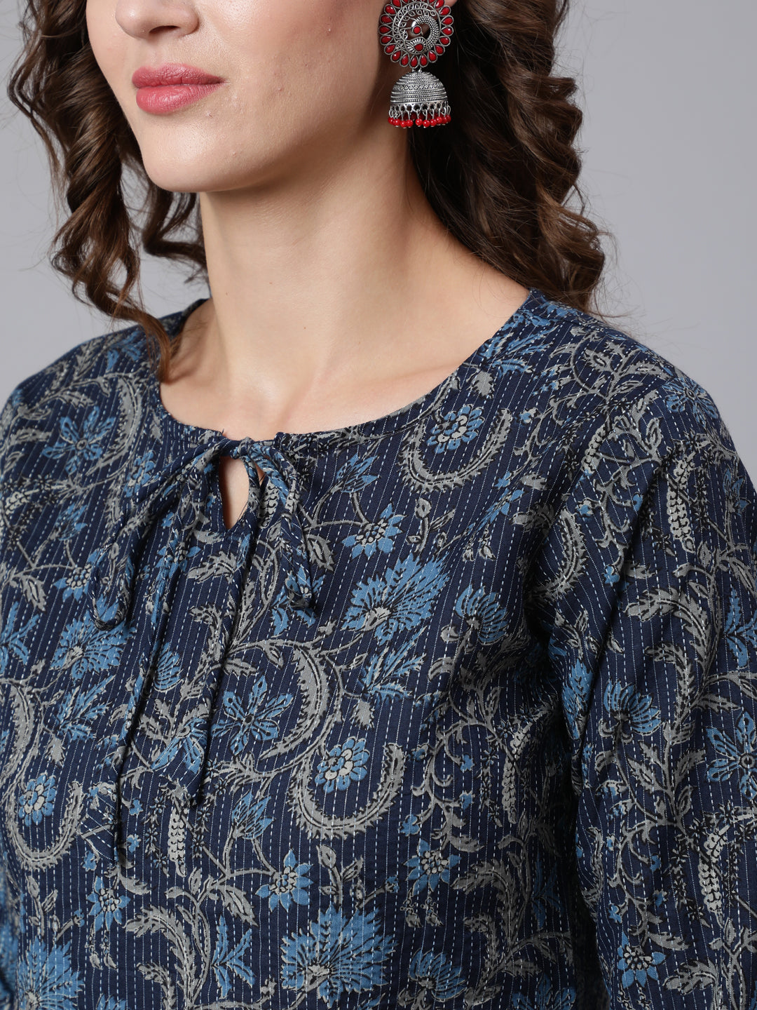 Women Navy Blue Printed Straight Kurta With Three Quarter Sleeves | LASVINI - Redefining Indian Fashion with Elegance